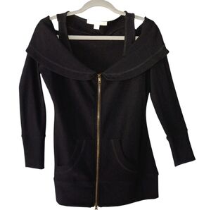 Boston Proper Blk/Gold Cold Shoulder Long Sleeve W/pockets Zip Top SZ Small